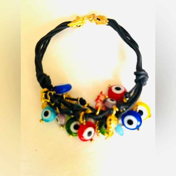 Black rope bracelet with chunky multiple colored glass evil eye & silver charms - Picture 3 of 5